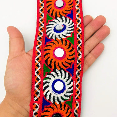 Black Cotton Fabric Trim with Multicolor Embroidery and Real Mirror, Kutch Embroidery Trim, Mirror Lace